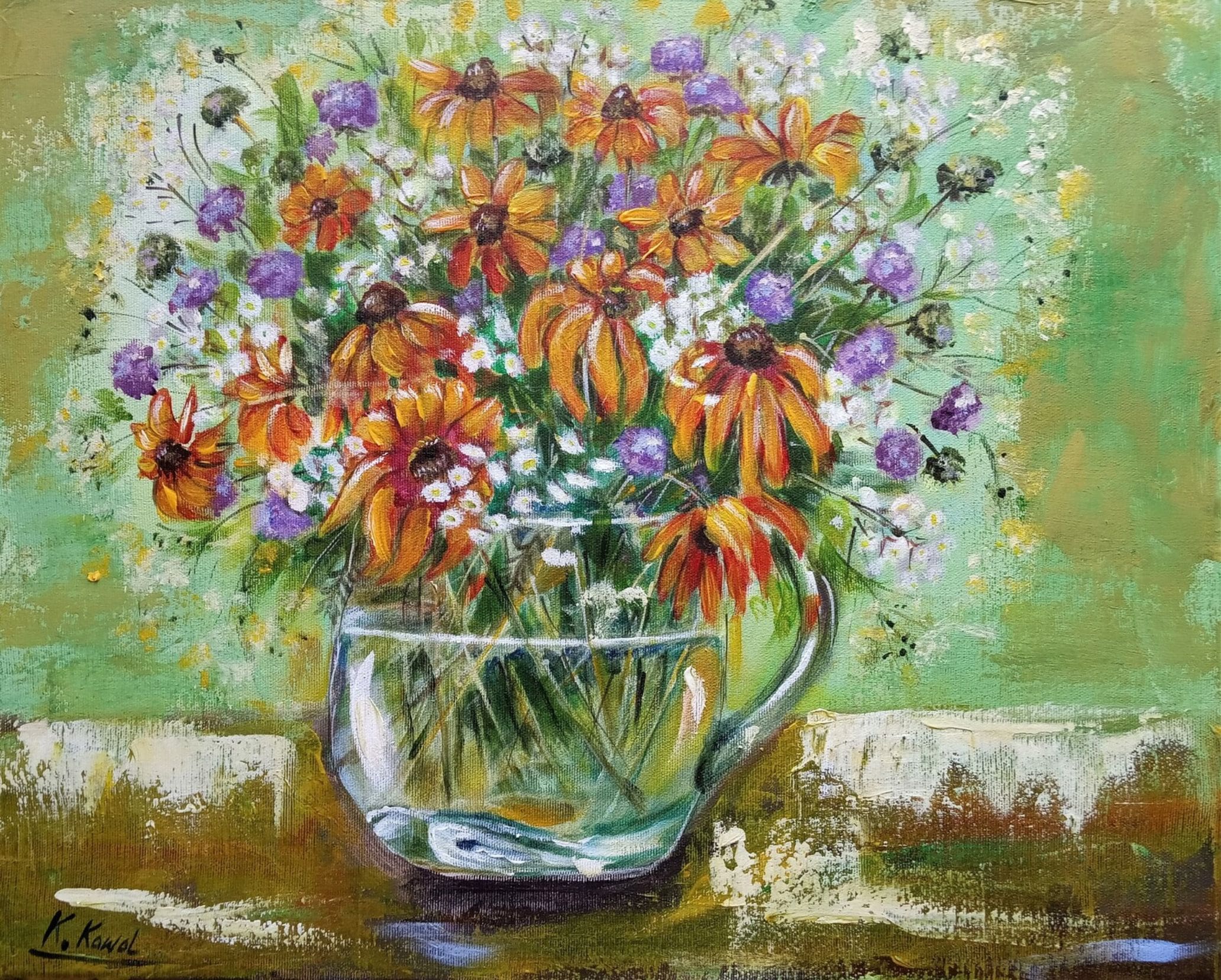 Obraz ze szklanym wazonem pełnym kolorowych kwiatów